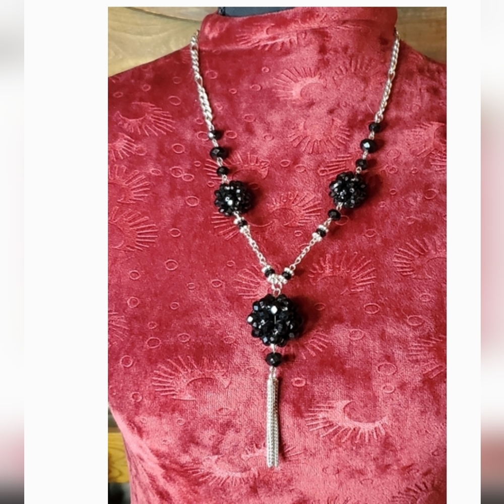 You & I Silver Tone and Black Beaded Flapper Necklace
